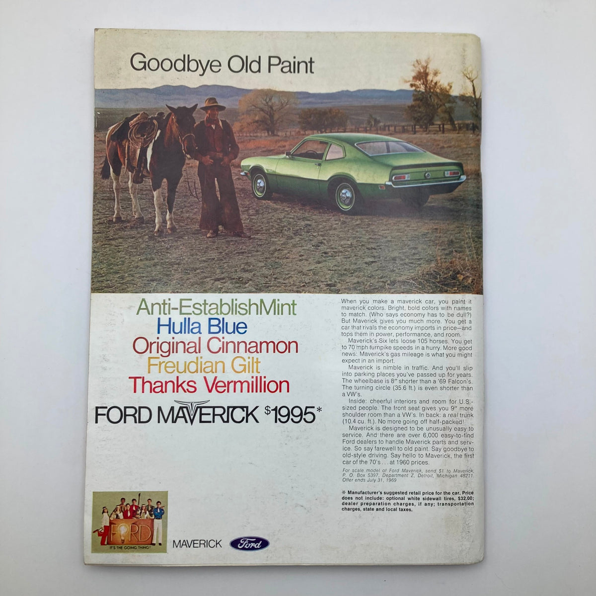 Back cover of the Vintage Playboy Magazine June 1969, featuring an advertisement for the Ford Maverick with a scenic background.