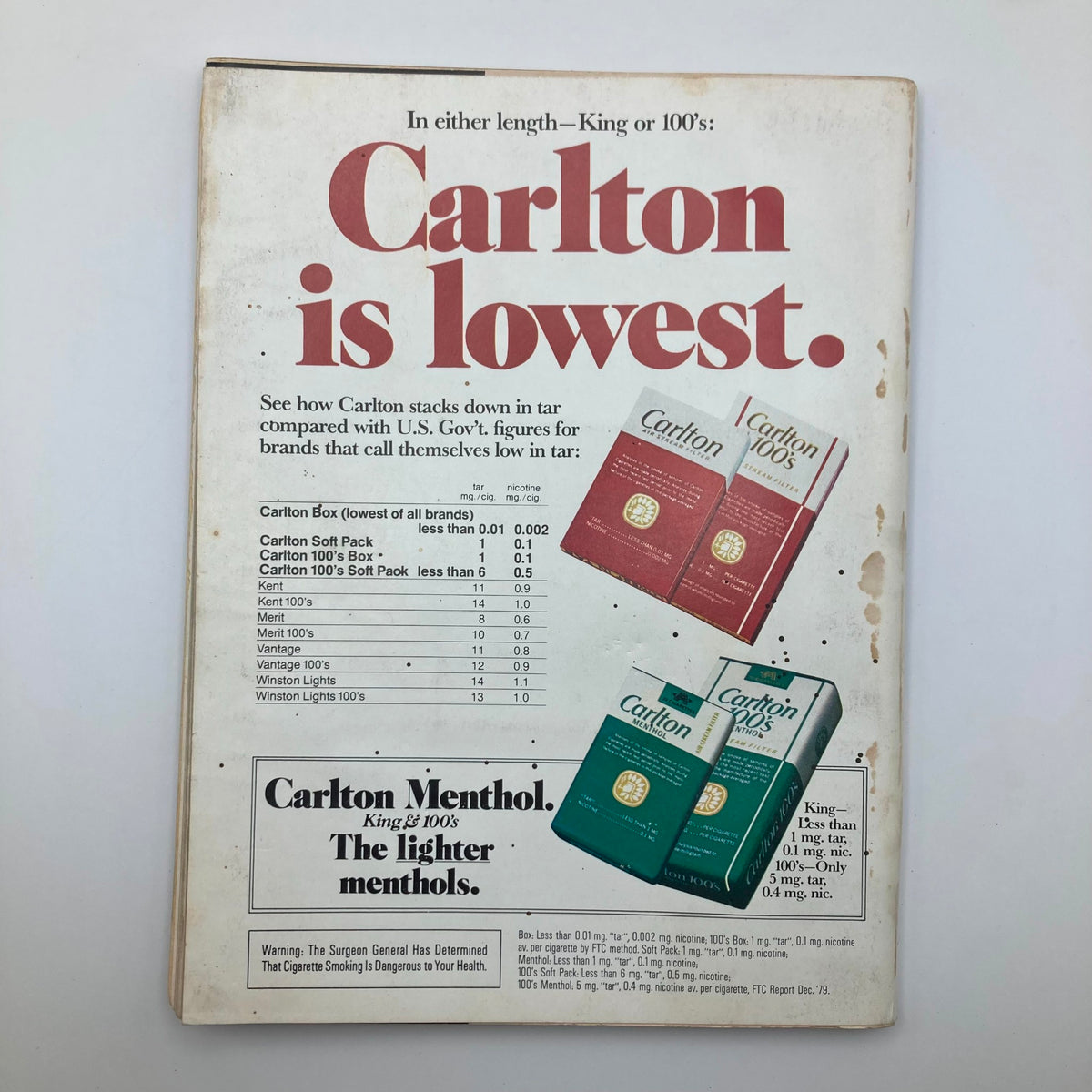 Back cover of VTG Playboy Magazine October 1980 displaying an advertisement for Carlton cigarettes, reflecting the advertising trends of the time.
