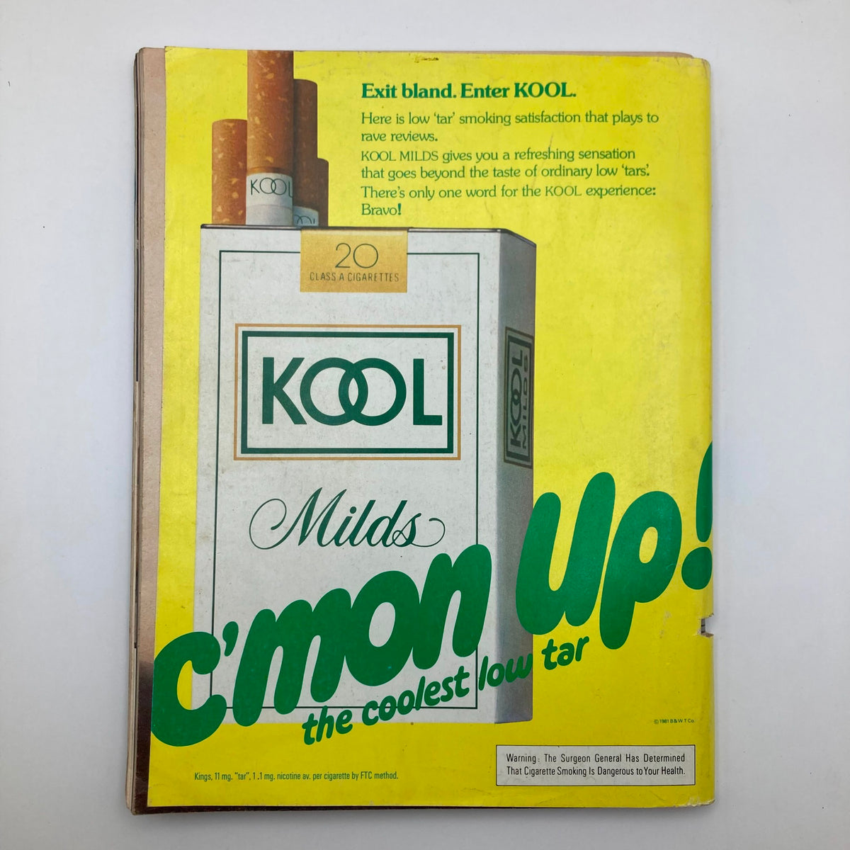Back cover of the VTG Playboy Magazine March 1981 featuring Kymberly Herrin, showcasing a vintage advertisement for KOOL Milds cigarettes with a bright yellow background and bold text.