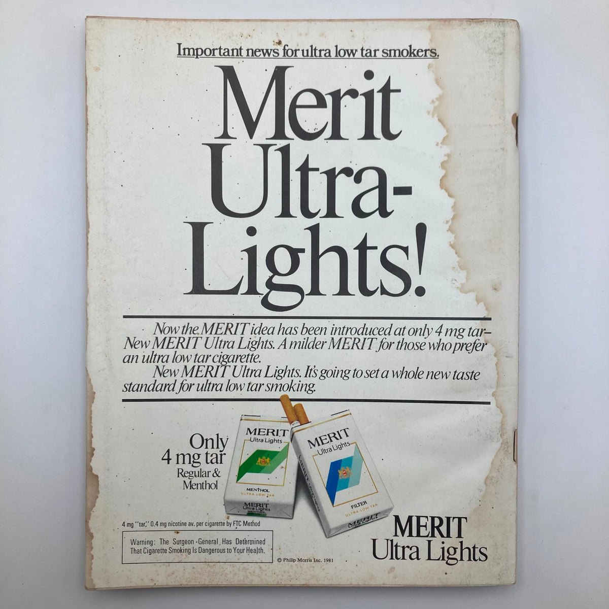 Back cover of VTG Playboy Magazine April 1981 featuring an advertisement for Merit Ultra Lights cigarettes, demonstrating advertising trends from the 1980s.
