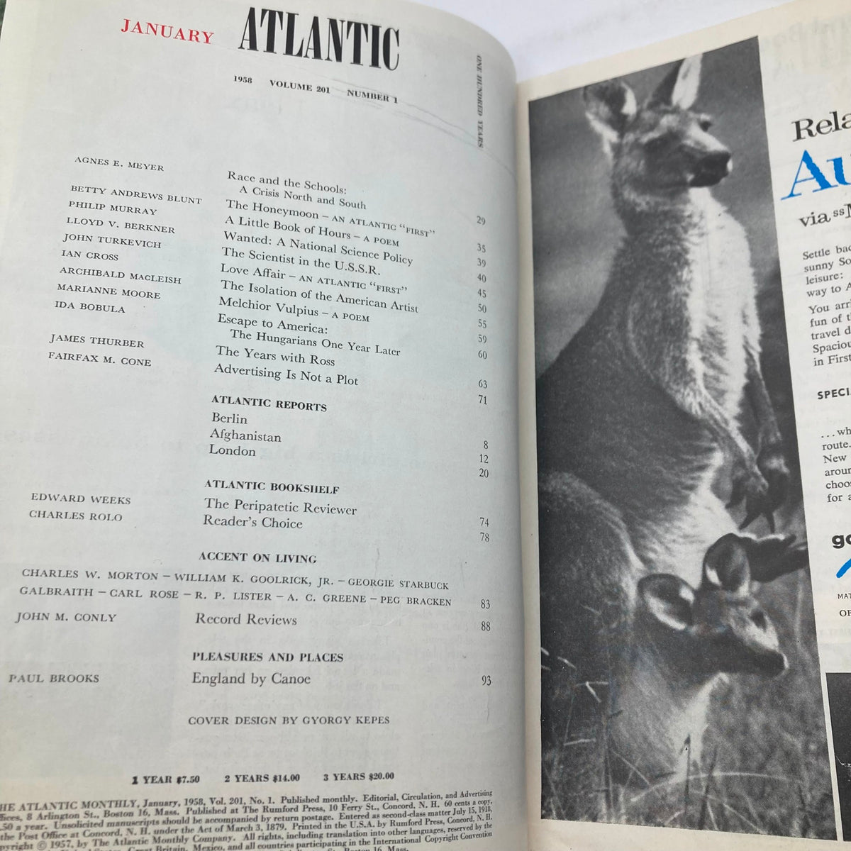 Interior page of VTG The Atlantic Magazine January 1958 showcasing the table of contents, listing articles including 'Race and the Schools: A Crisis' and other notable works from the publication.