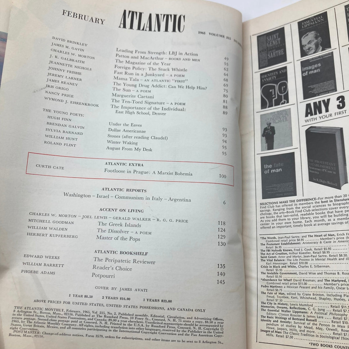 Contents page of VTG The Atlantic Magazine February 1965 listing articles including Lyndon B. Johnson in Action and Patton and MacArthur.
