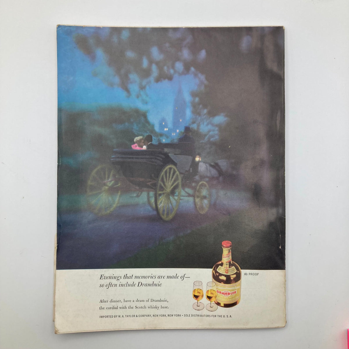 Back cover of VTG The Atlantic Magazine February 1965 showcasing an advertisement for Drambuie with a horse-drawn carriage scene.