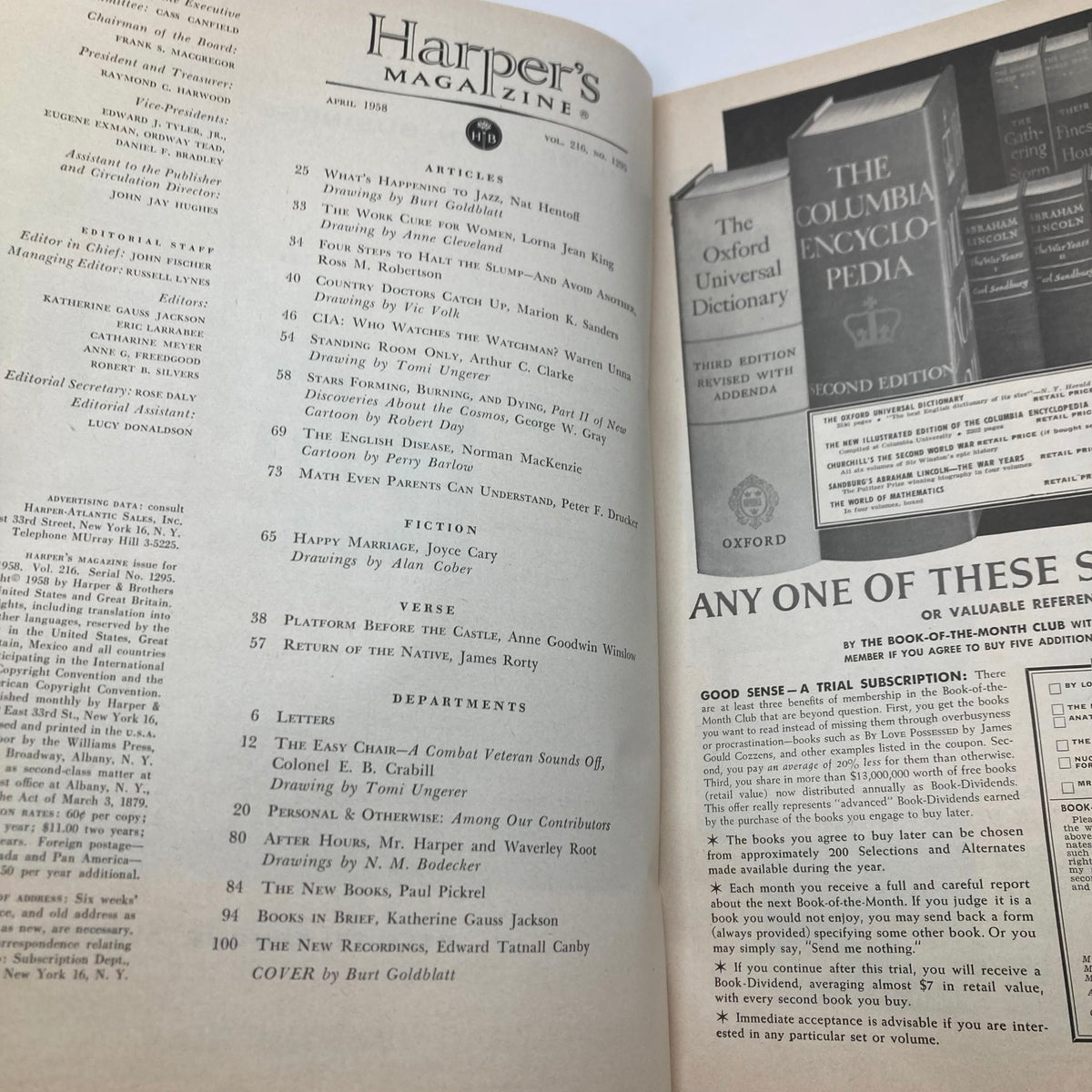 Interior page of VTG Harper's Magazine April 1958 displaying the table of contents with article titles such as 'What's Happening To Jazz' and other notable sections.