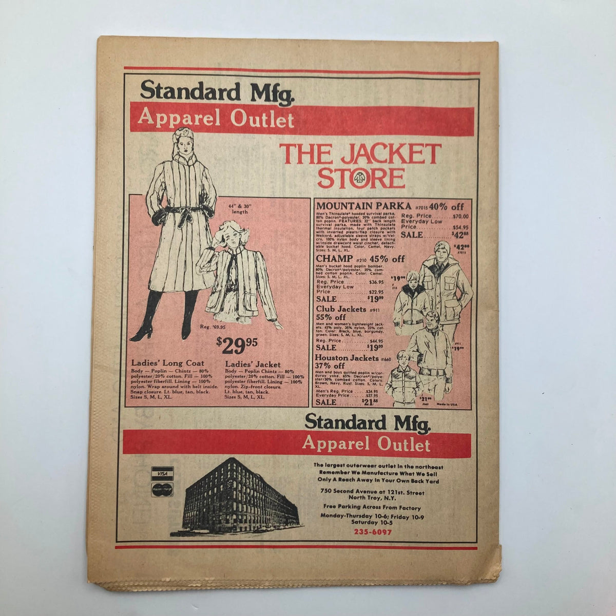 Vintage advertisement from Metroland Magazine November 3, 1983 featuring apparel sales for The Jacket Store, showcasing ladies' long coats and jackets, alongside promotional pricing.