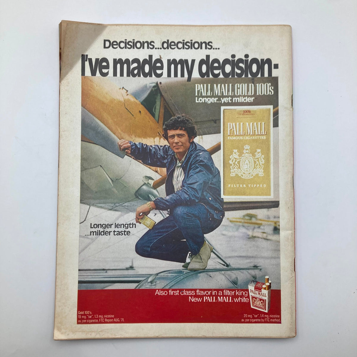 Back cover of VTG Time Magazine December 27 1971 featuring a vintage advertisement for Pall Mall Gold 100s cigarettes with a promotional image.