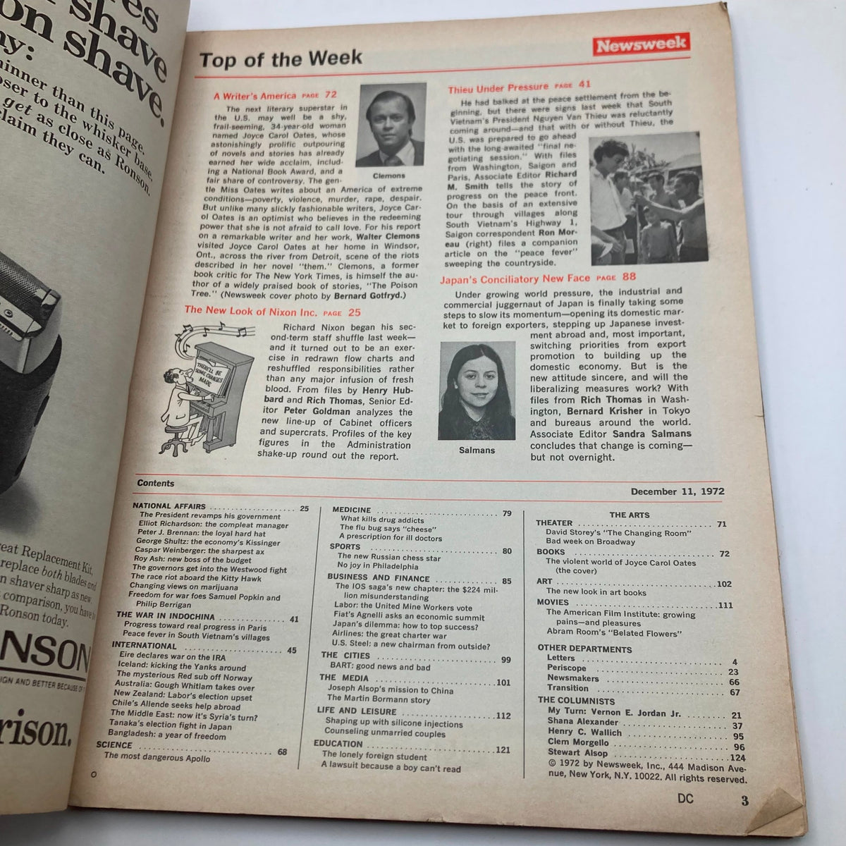 Inside content page of VTG Newsweek Magazine December 11 1972, featuring articles and topics of that era including Richard Nixon and literary discussions.