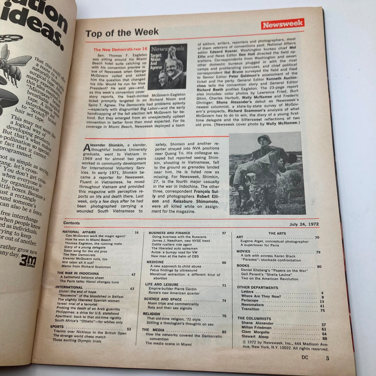 Interior page from the July 24, 1972 issue of Newsweek magazine featuring the table of contents and descriptions related to Senator George McGovern's campaign targeting Nixon and Agnew. This vintage publication captures a key moment in American political history.