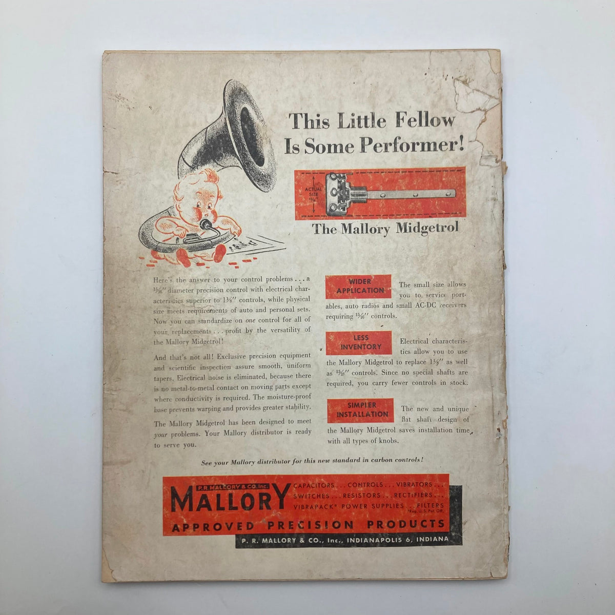 Back cover of VTG Radio & Television News Magazine April 1950 highlighting an advertisement for the Mallory Midgetrol precision control device.