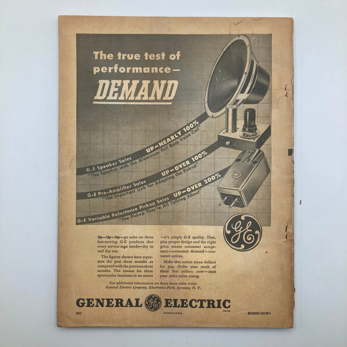 Back cover of VTG Radio News Magazine May 1948 featuring a General Electric advertisement highlighting the performance of audio products.