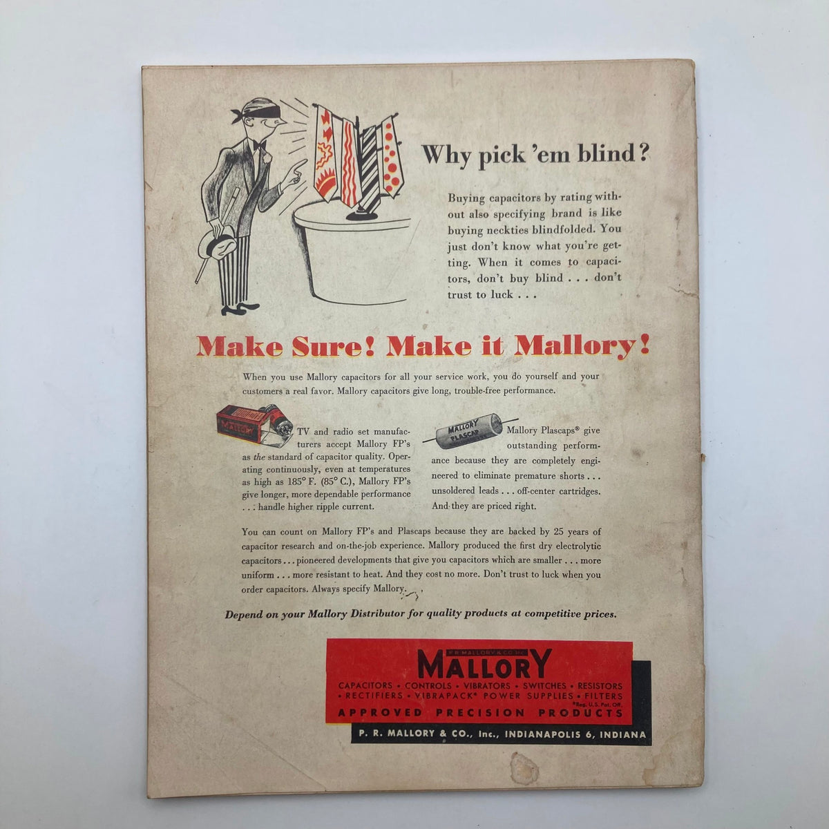 Back cover of the April 1952 VTG Radio & Television News Magazine, featuring an advertisement for Mallory capacitors, emphasizing quality in television and radio equipment.