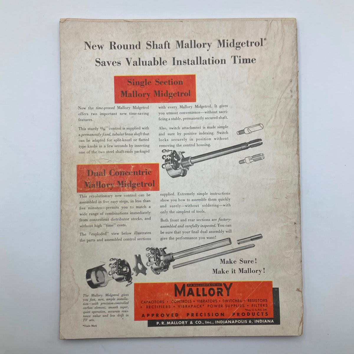 Vintage advertisement for Mallory Midgetrol showcasing installation features and benefits, from a VTG Radio & Television News Magazine April 1951. The ad highlights the Single Section and Dual Concentric models, emphasizing time-saving attributes and ease of assembly.