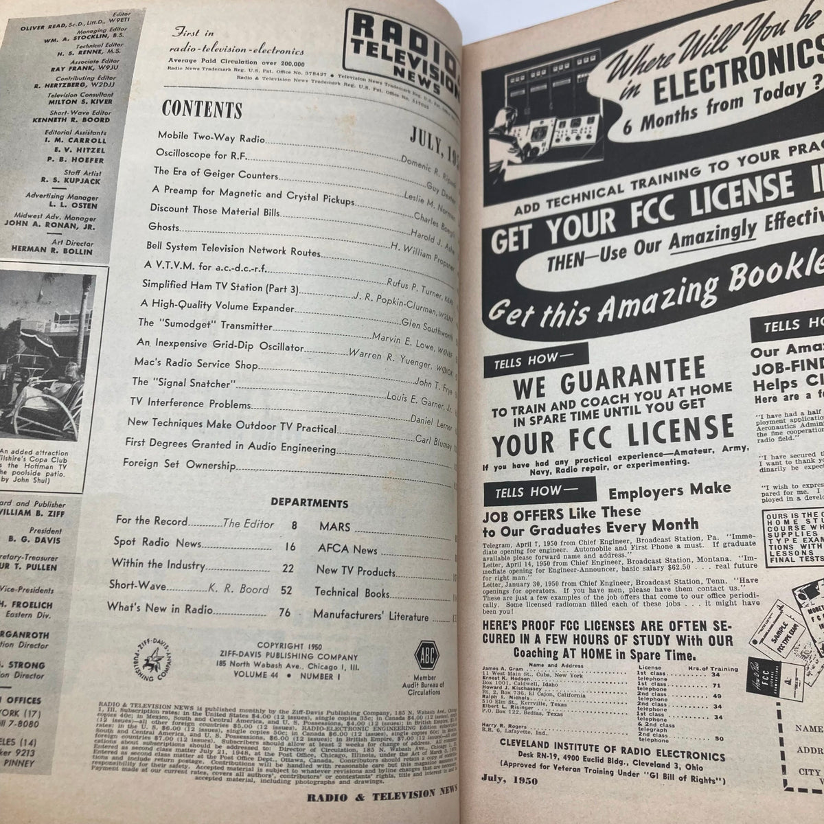Inside page of VTG Radio & Television News Magazine July 1950 showing contents and articles, including techniques for outdoor TV.