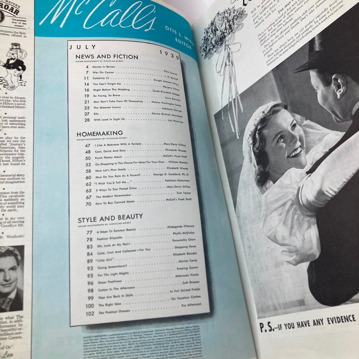 Inside spread of VTG McCall's Magazine July 1939, displaying the table of contents along with a vintage photograph of a couple on their wedding day.