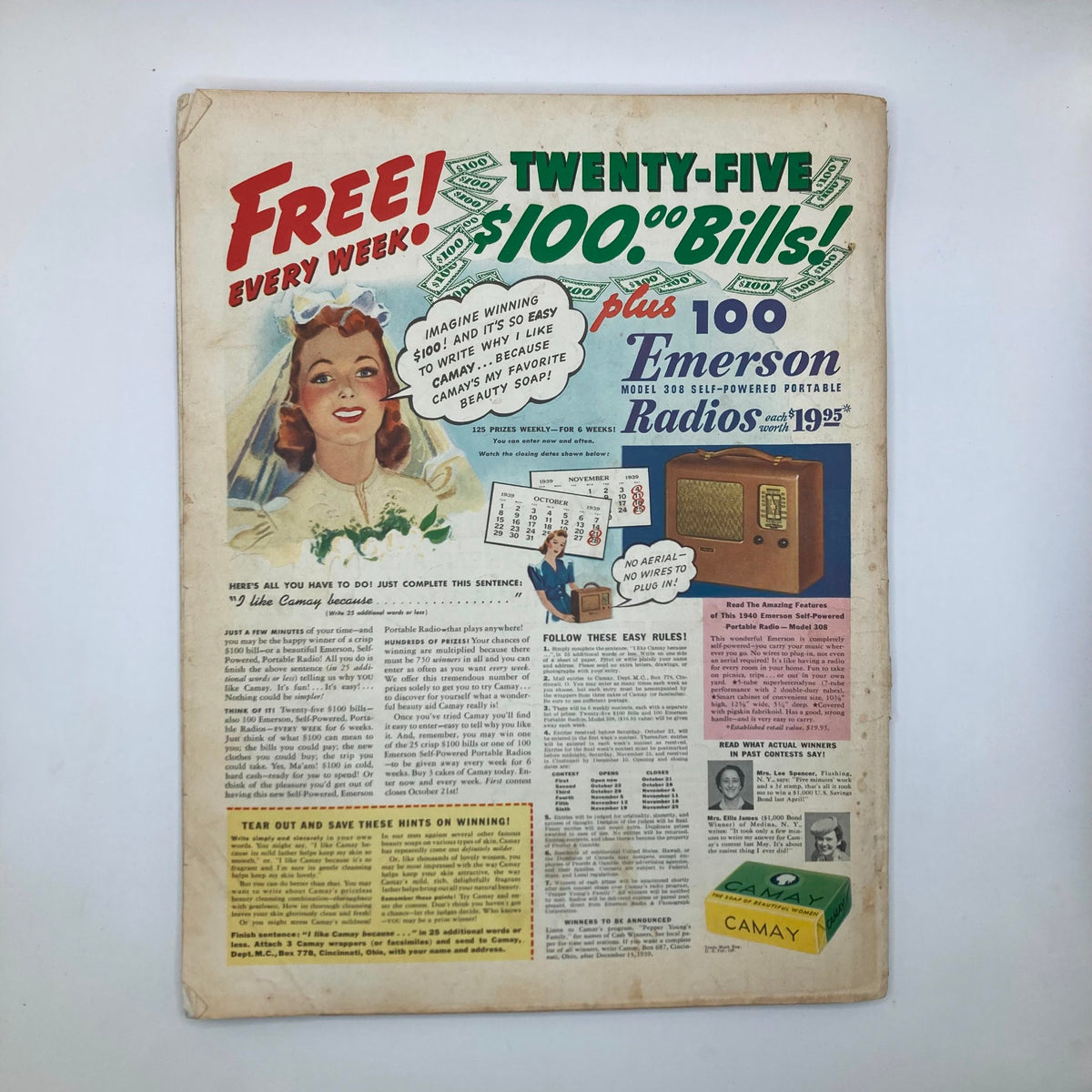 Back cover of VTG McCall's Magazine November 1939 featuring an advertisement for a contest with a promotional image of a woman and a vintage radio.