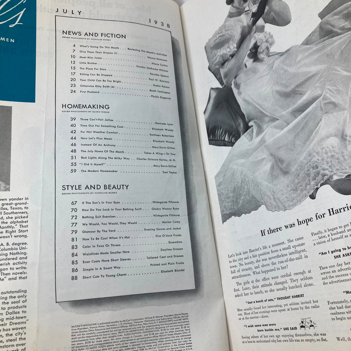 Interior page of VTG McCall's Magazine July 1938 displaying the table of contents with various articles including 'Give Them Their Dreams' and other topics relevant to the late 1930s.
