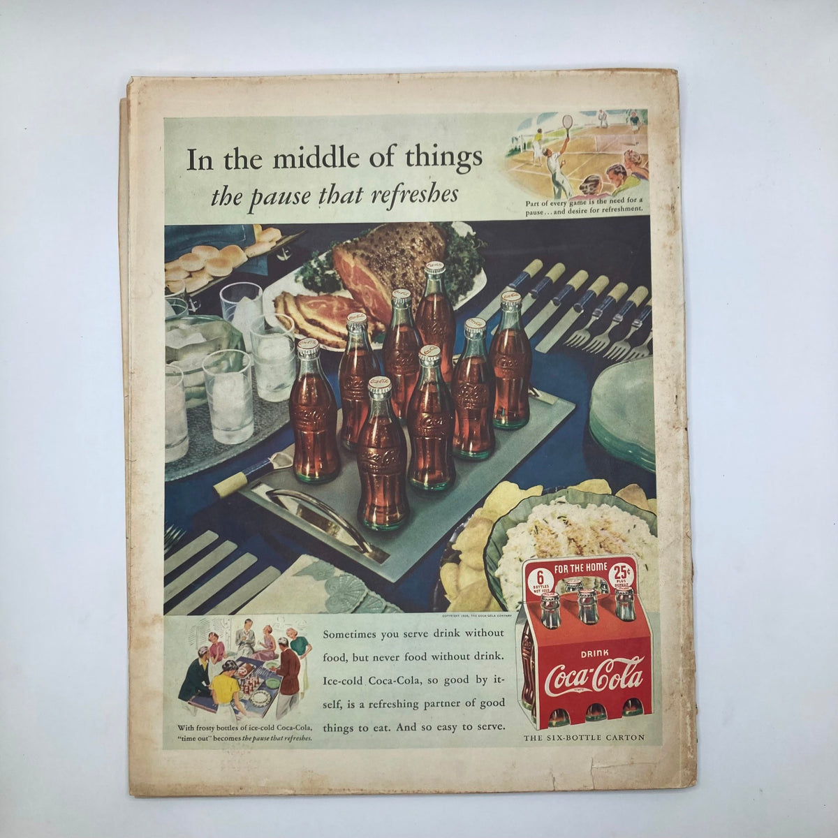 Advertisement page from VTG McCall's Magazine July 1938 promoting Coca-Cola, featuring a vintage illustration of drinks and food, encapsulating the cultural ambiance of the time.