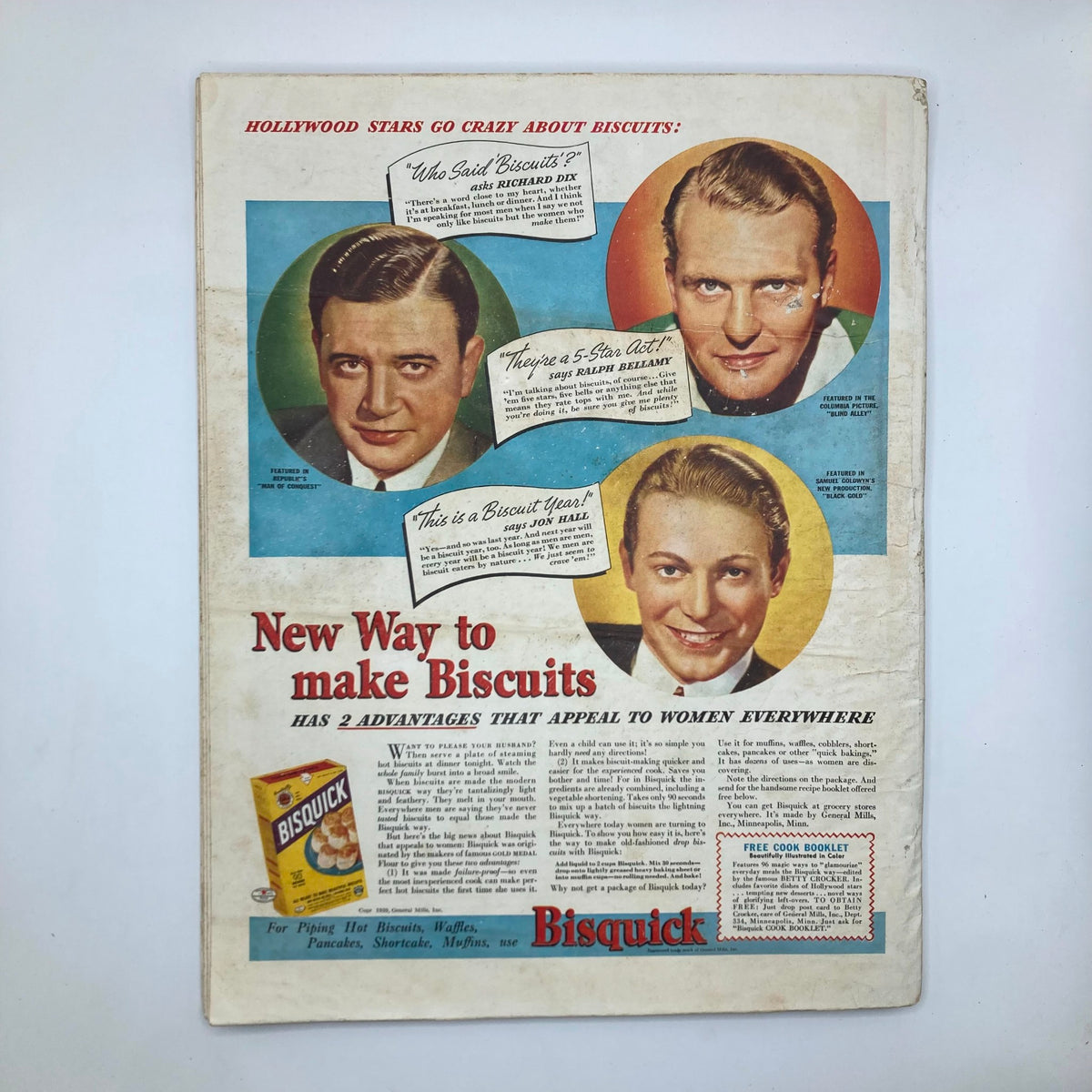 VTG McCall's Magazine May 1939, featuring a vintage advertisement for Bisquick and endorsements from Hollywood stars.