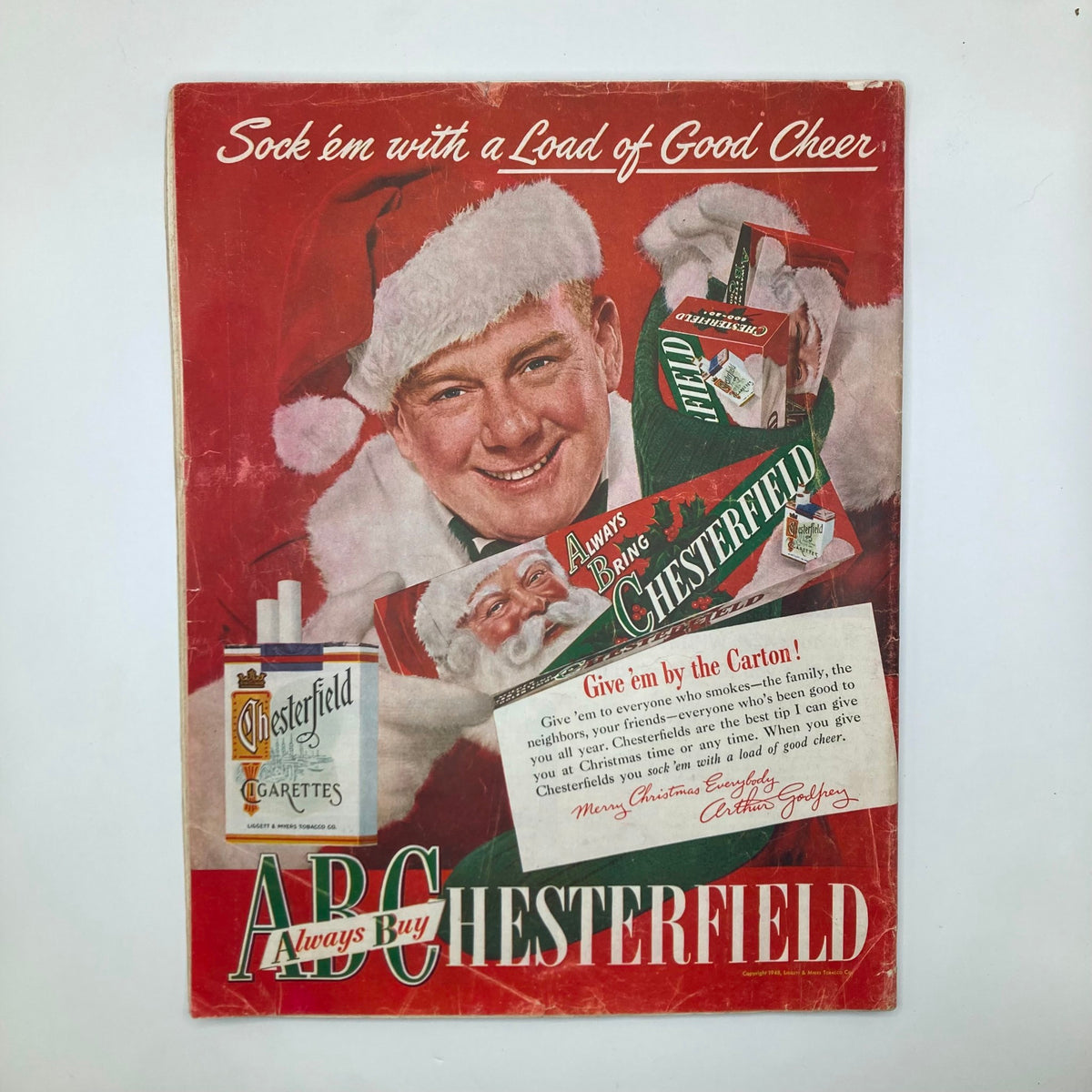 Chesterfield Cigarettes advertisement featuring Santa Claus, included in the Saturday Evening Post Magazine December 18, 1948.