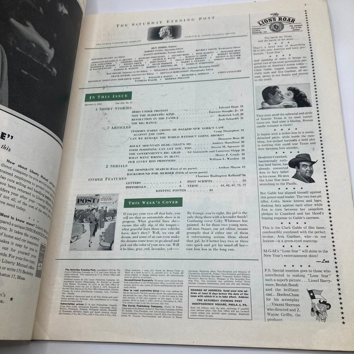 Interior page layout of the Saturday Evening Post Magazine from January 5, 1952, showcasing the contents and articles of the issue.