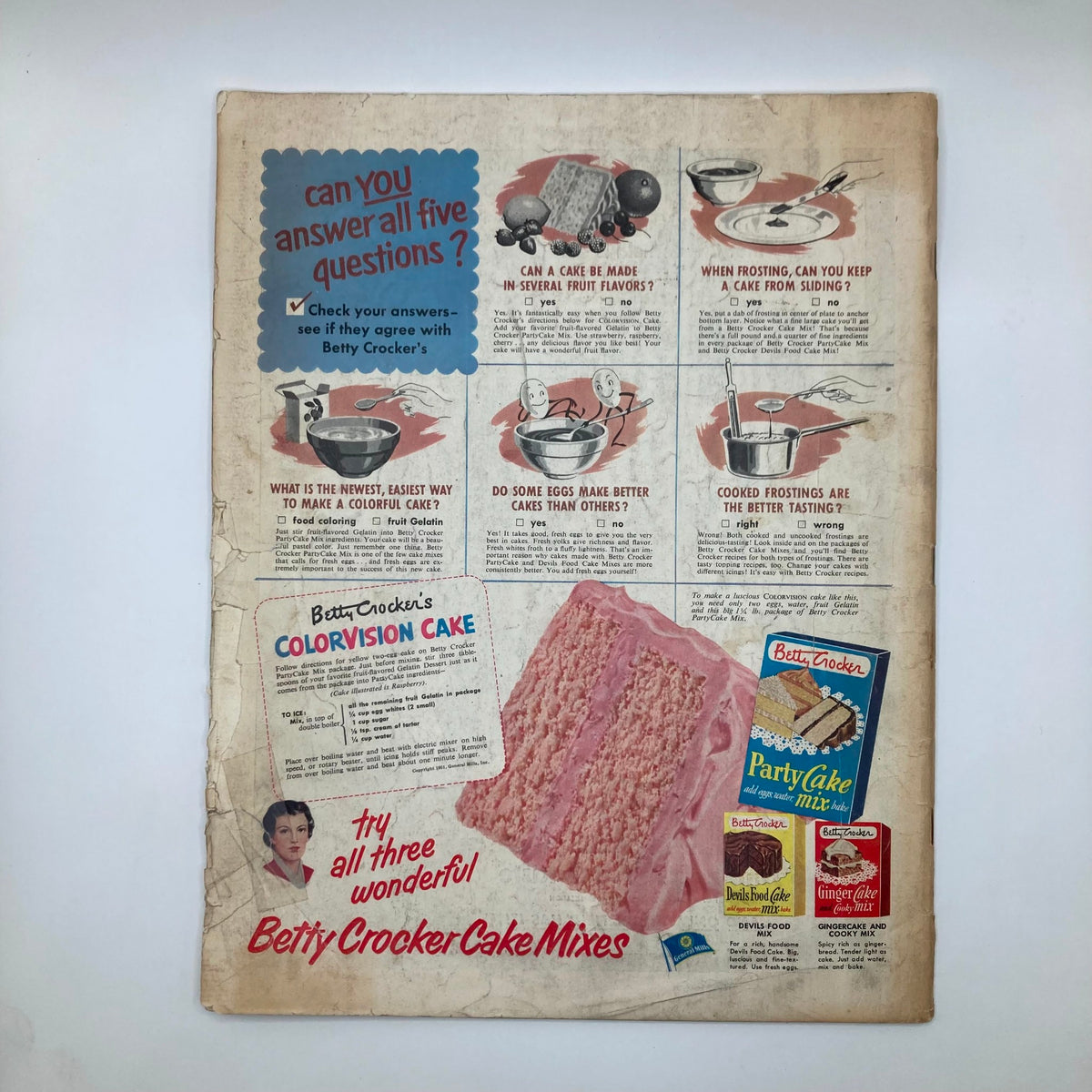 Back cover of the Saturday Evening Post Magazine from January 5, 1952 featuring a vintage advertisement for Betty Crocker's Colorvision Cake mixes.