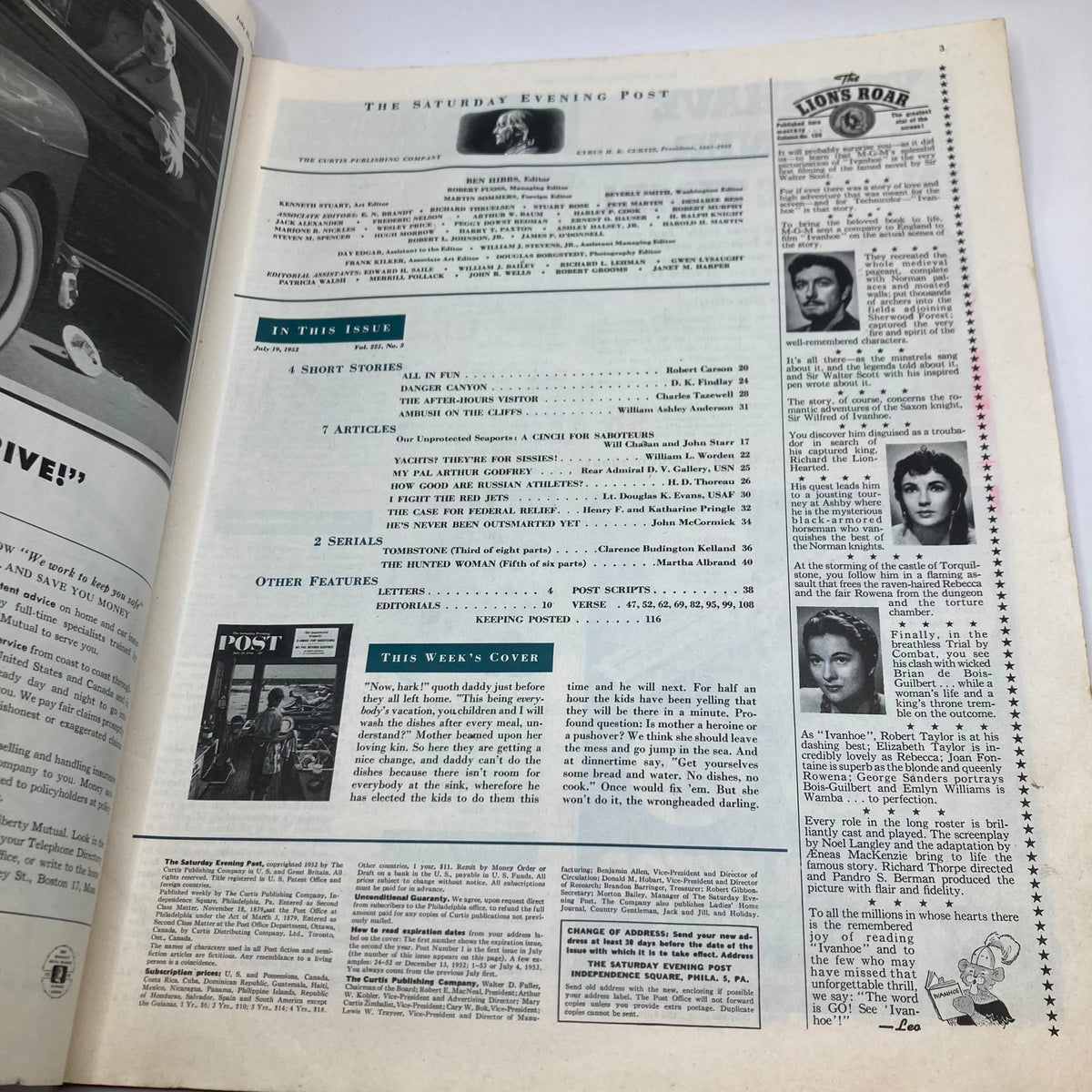 Interior page of the Saturday Evening Post Magazine from July 19, 1952, showcasing the contents and article listings along with a nostalgic design.
