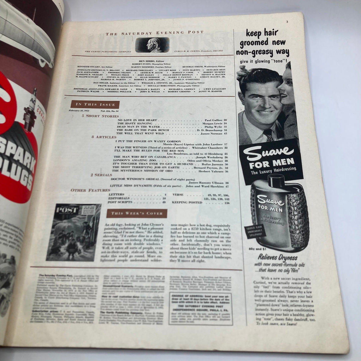 Interior page of the Saturday Evening Post Magazine - February 23, 1952, displaying the table of contents and an advertisement for Suave hair product.