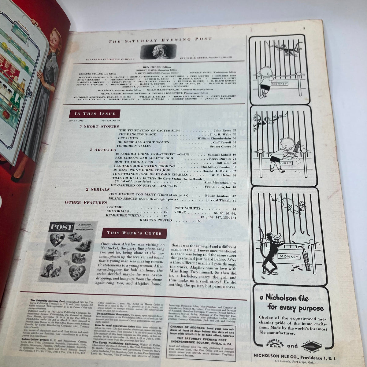 Inside page of Saturday Evening Post Magazine June 7 1952, featuring text and illustrations from the magazine including sections on short stories and articles.