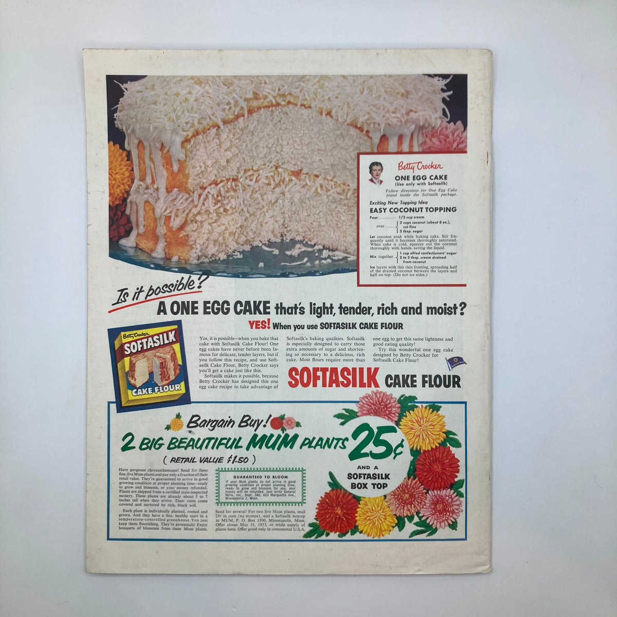 Advertisement page from the Saturday Evening Post Magazine, April 4, 1953 showcasing a recipe for a One Egg Cake using Softasilk Cake Flour.
