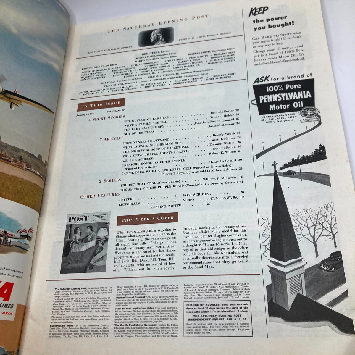 Inside page of Saturday Evening Post Magazine January 24, 1953 displaying the table of contents and articles, highlighting features such as 'Ike's Yankee Lieutenant'. 