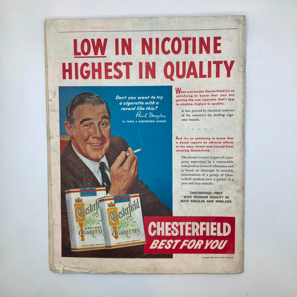 Advertisement page from the Saturday Evening Post Magazine dated October 21, 1953, featuring a promotional graphic for Chesterfield cigarettes, highlighting low nicotine content and quality.