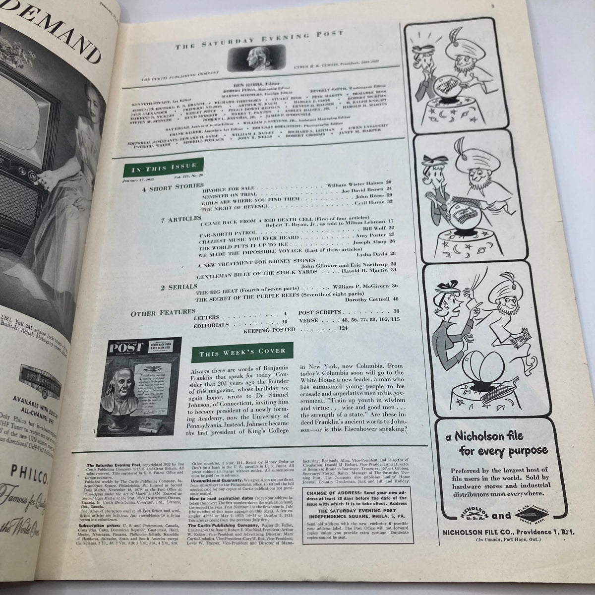 Interior page of the Saturday Evening Post Magazine January 17 1953 showing the contents and features of the issue, including articles and advertisements typical of the period.