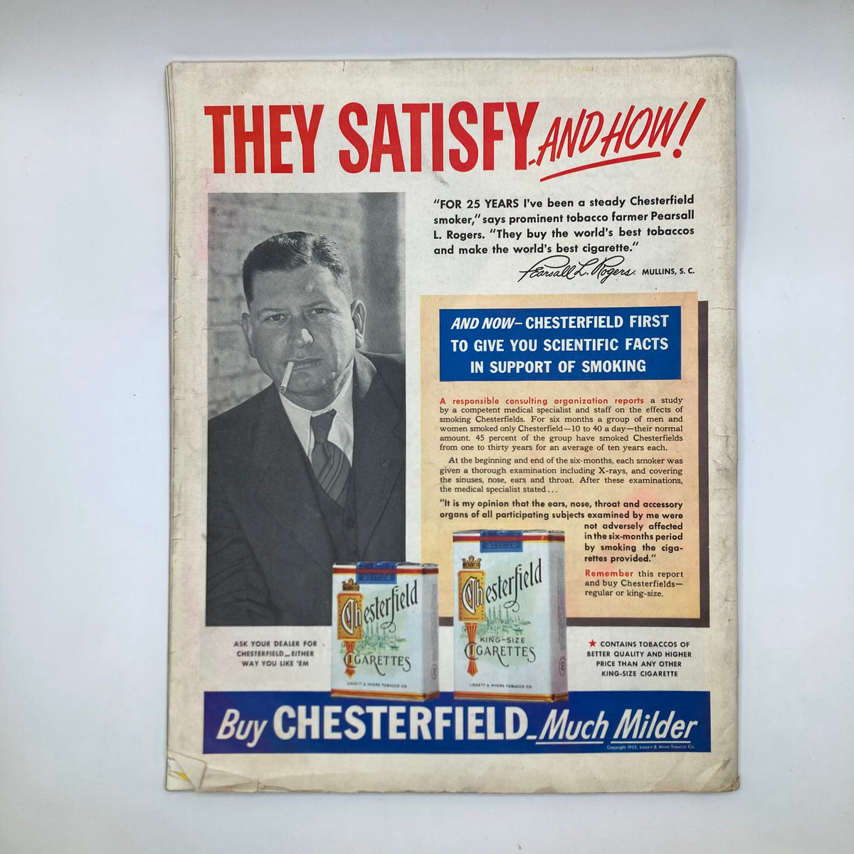 Chesterfield cigarette advertisement from the Saturday Evening Post magazine dated January 17, 1953, featuring a man smoking and promoting Chesterfield cigarettes with scientific claims about smoking.