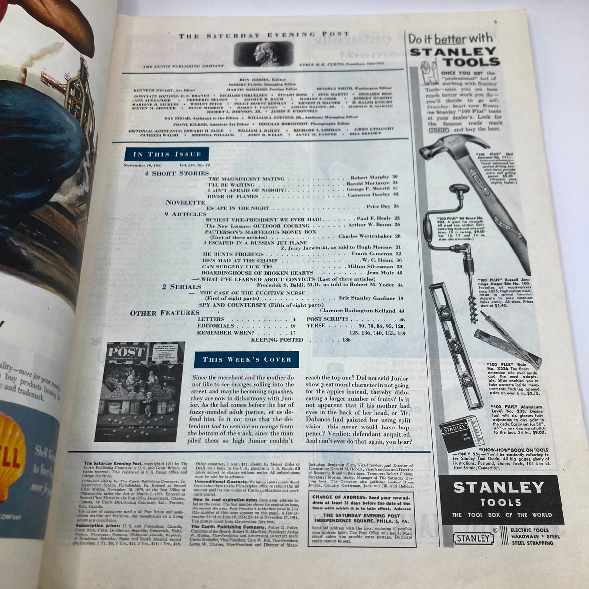 Interior page of the Saturday Evening Post Magazine from September 19, 1953, showcasing the table of contents and advertisements alongside the cover image.