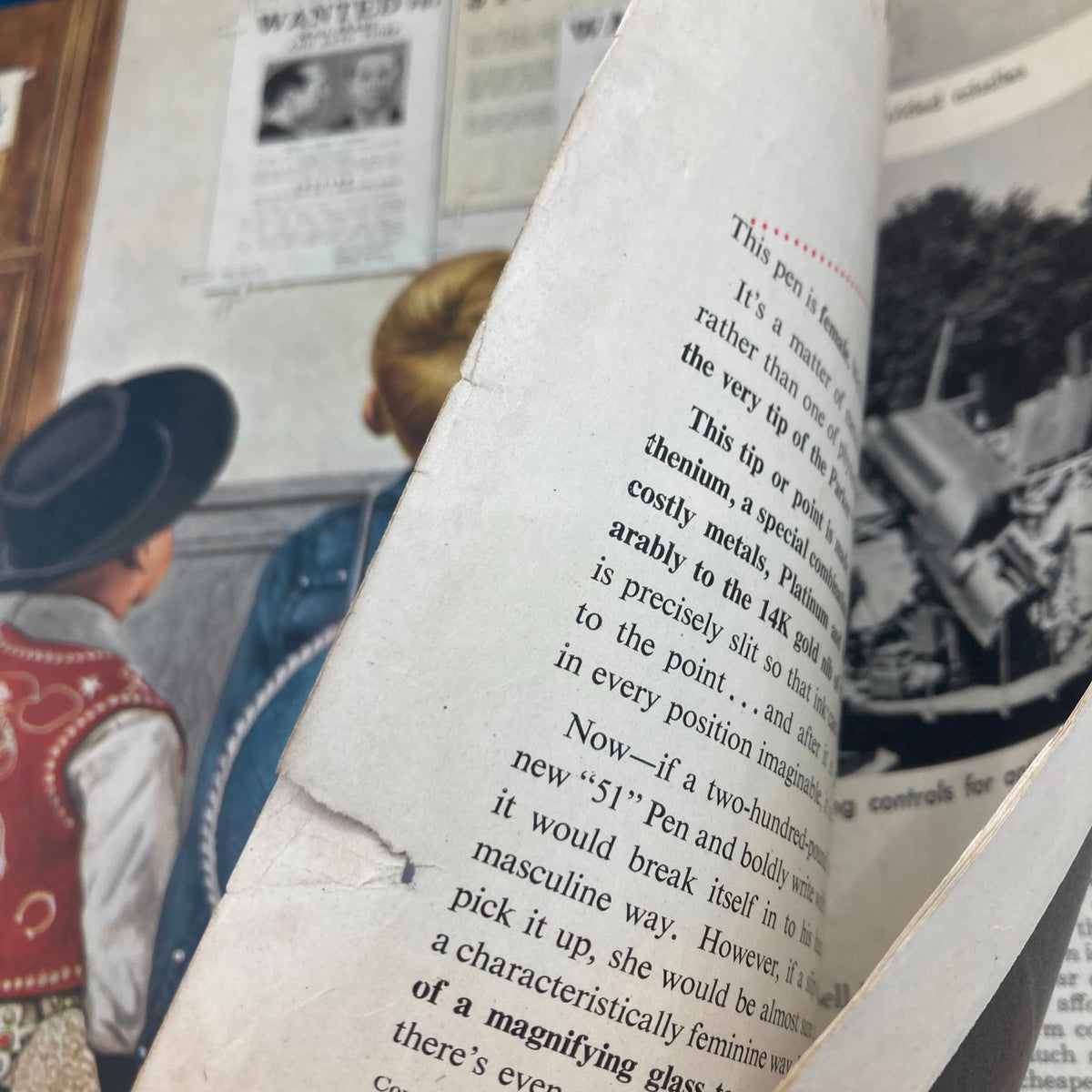 Interior page of the Saturday Evening Post Magazine February 28, 1953, displaying text and a partially torn page with an image of children, emphasizing the magazine's vintage appeal.