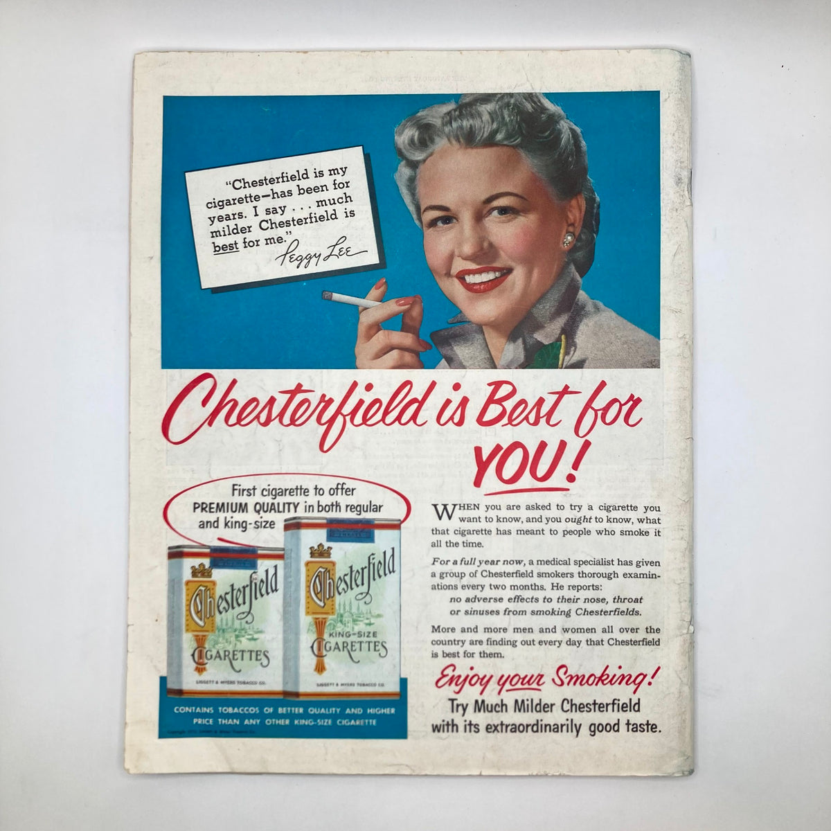 Saturday Evening Post Magazine May 2, 1953 - Dimwitted Like a Fox advertisement for Chesterfield cigarettes featuring Peggy Lee, highlighting vintage advertising style.