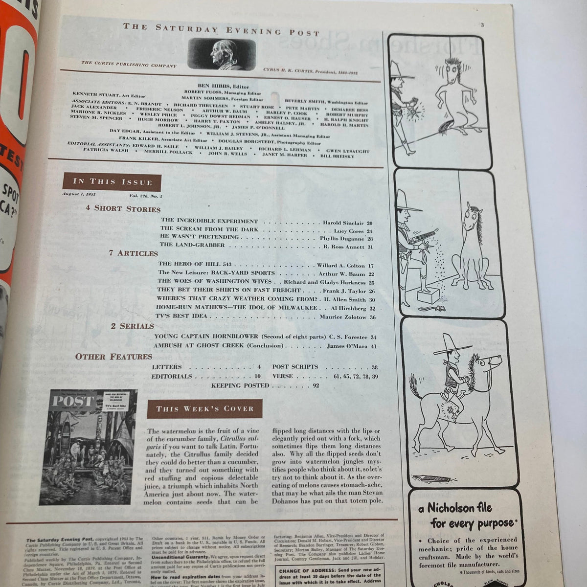 Interior page of the Saturday Evening Post Magazine from August 1, 1953, showcasing the table of contents and details about the feature articles and stories of the era.