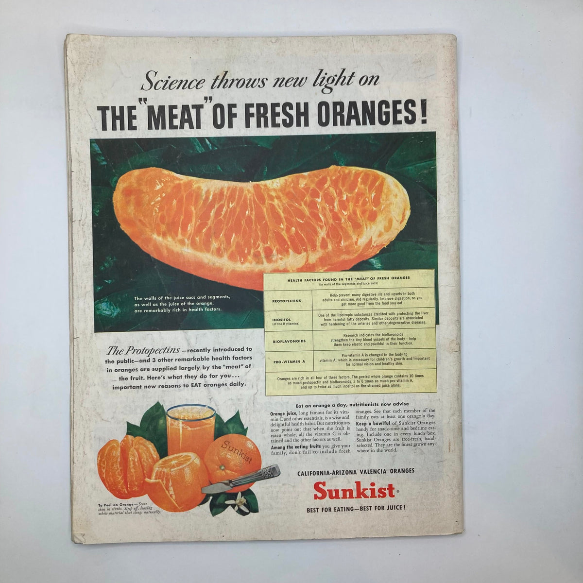 Advertisement from the back cover of the Saturday Evening Post Magazine June 6, 1953 promoting Sunkist oranges, with a vibrant image of the fruit and health benefits.