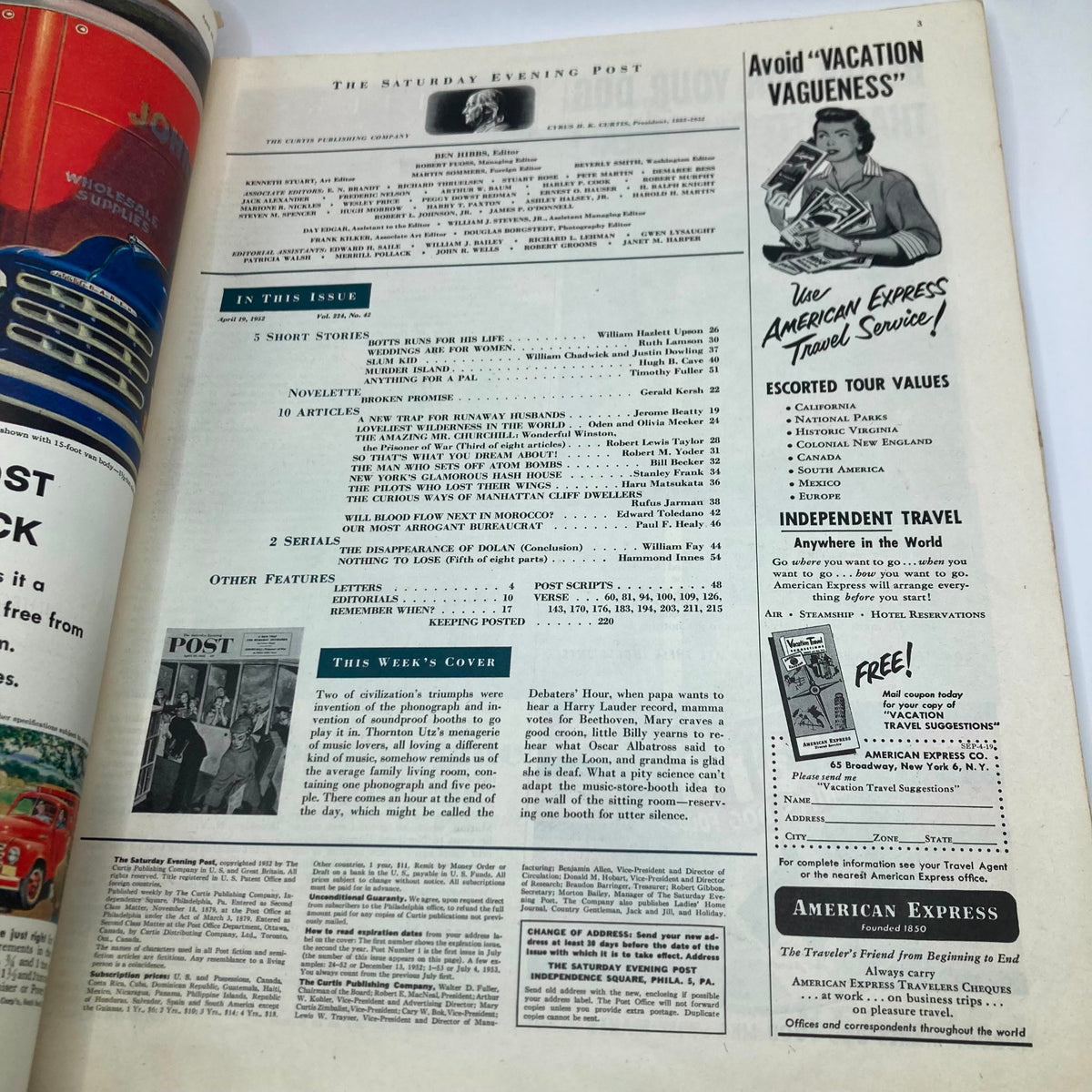 Interior page of Saturday Evening Post Magazine April 19 1953 showcasing articles and advertisements from the era.