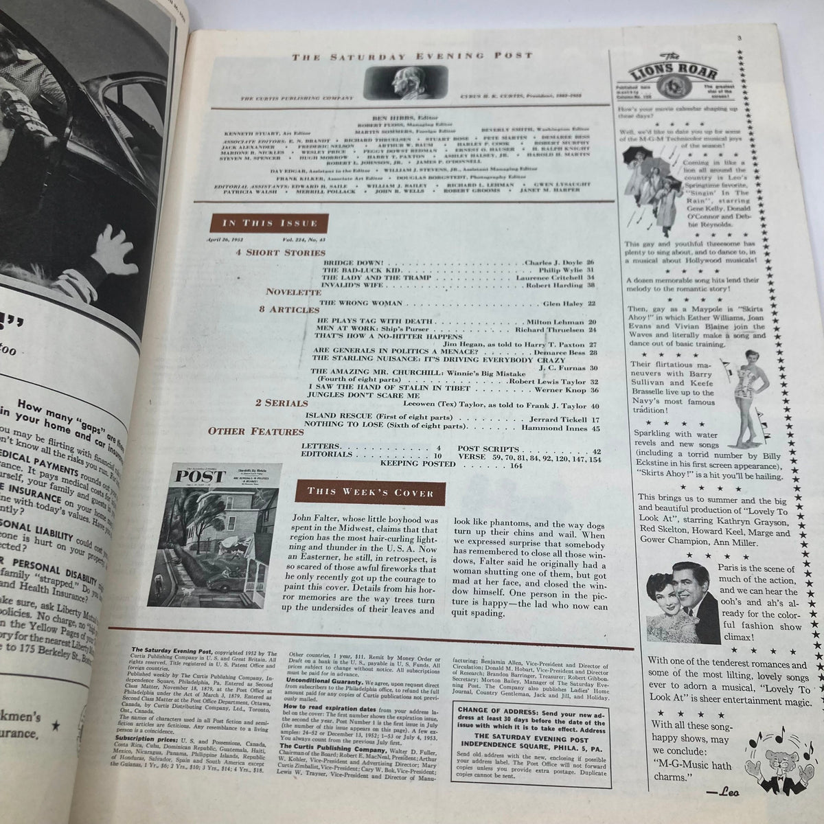 Interior page of the Saturday Evening Post Magazine from April 26, 1952, displaying the table of contents and features, including articles and short stories.
