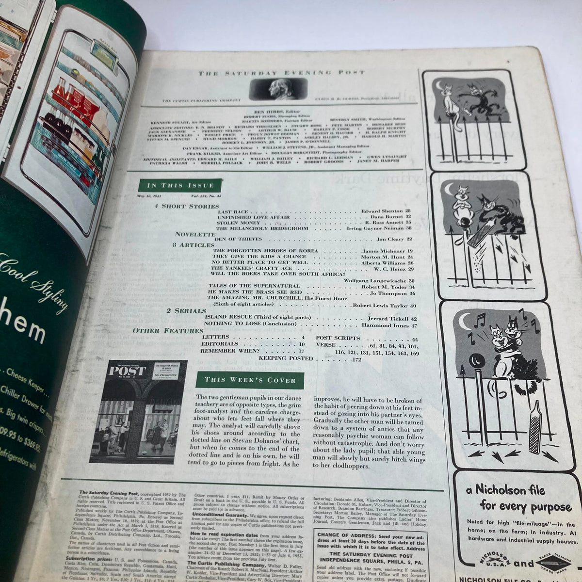 Interior page of the Saturday Evening Post Magazine, May 10, 1952, displaying the table of contents and highlights of the issue, including notable stories and illustrations.