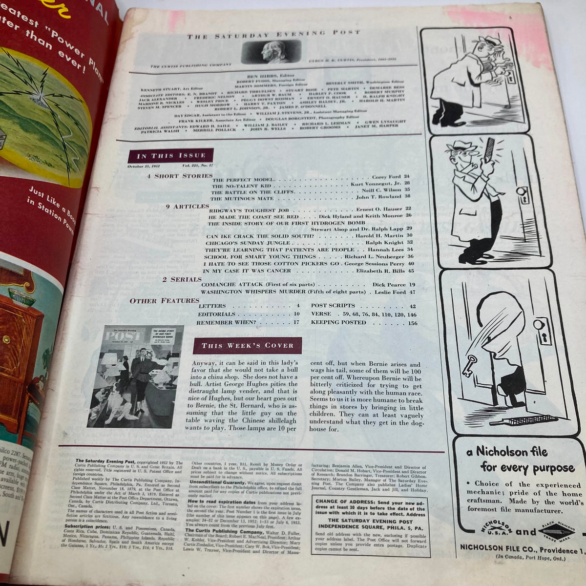 Interior page of the Saturday Evening Post Magazine October 25 1952, showcasing the table of contents, including featured articles and the artwork titled 'Lady's Favor' by George Hughes.