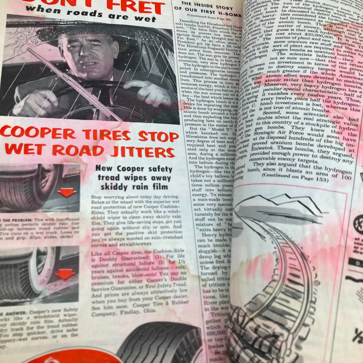 Interior page of the Saturday Evening Post Magazine October 25 1952, featuring an article about Cooper Tires with a dramatic image of a concerned driver during rain.