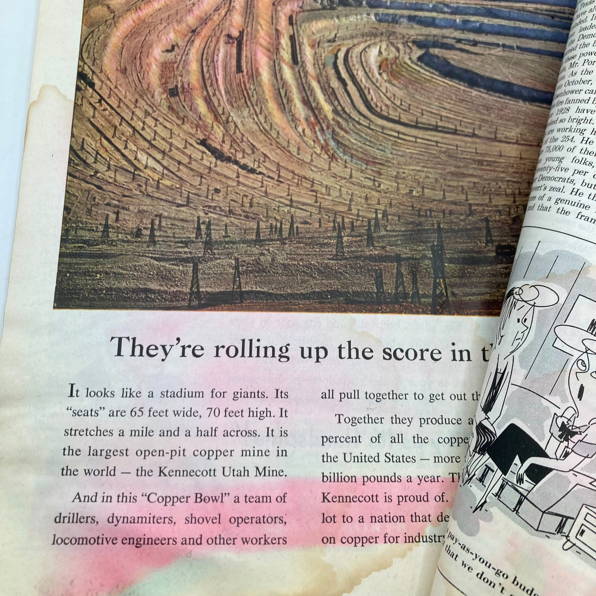 Interior page of the Saturday Evening Post Magazine October 25 1952, featuring an article about the Kennecott Utah Mine, illustrated with a photo of the large open-pit mine and detailing its significance.