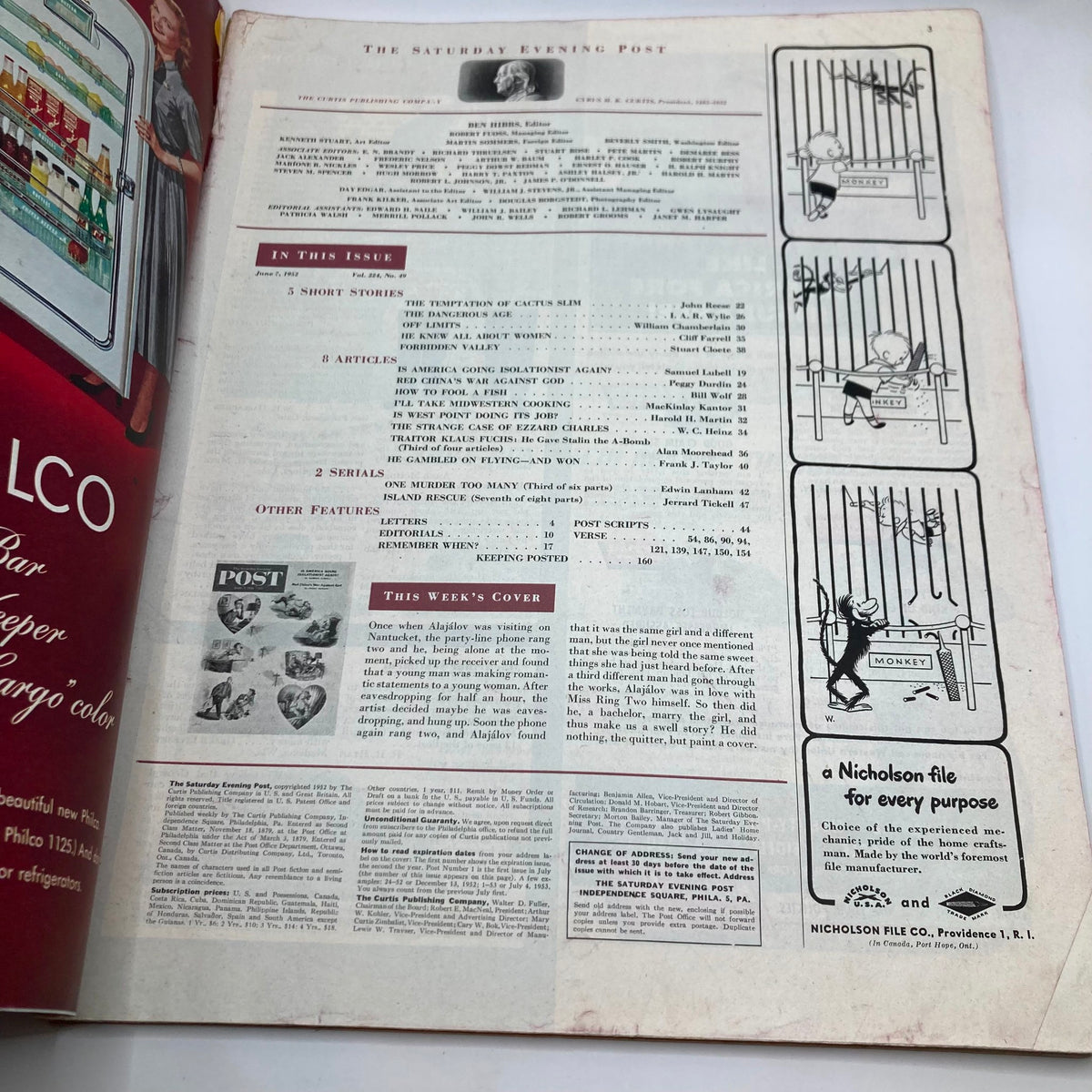 Interior page of The Saturday Evening Post Magazine, June 7, 1952, displaying article headings and a nostalgic layout reflecting the magazine's mid-century charm.