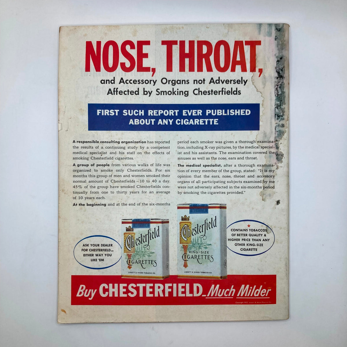 Back cover of Saturday Evening Post Magazine November 15, 1952, featuring an advertisement for Chesterfield cigarettes with a report on their effects, integrated into the retro design of the era.
