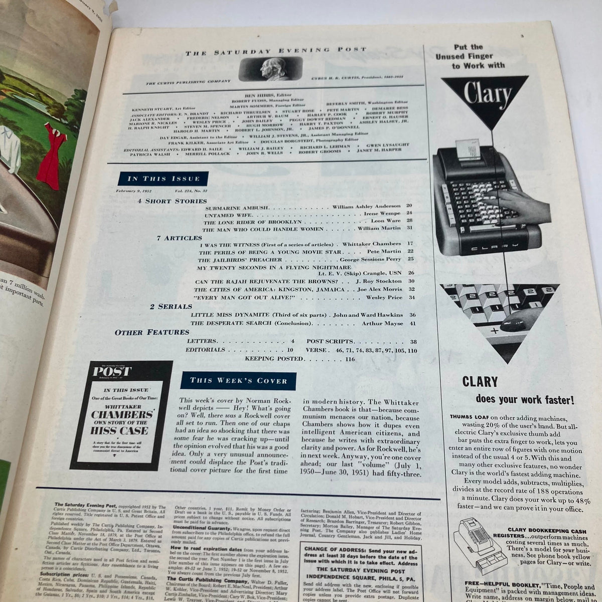 The Saturday Evening Post Magazine February 9 1952 showcasing the table of contents featuring articles by Whittaker Chambers and other notable features. This vintage magazine is illustrated with classic mid-20th century design highlighting the historical significance of the era.