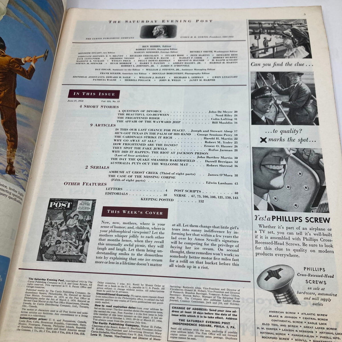 Interior page of the Saturday Evening Post Magazine from June 27, 1953 showcasing articles and editorial features reflecting mid-century life and culture.