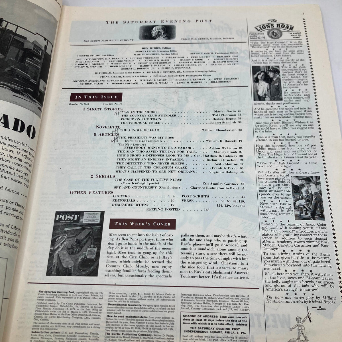 Inside page of the Saturday Evening Post Magazine, October 10, 1953, presenting an overview of the magazine’s content, including articles and features from that issue.