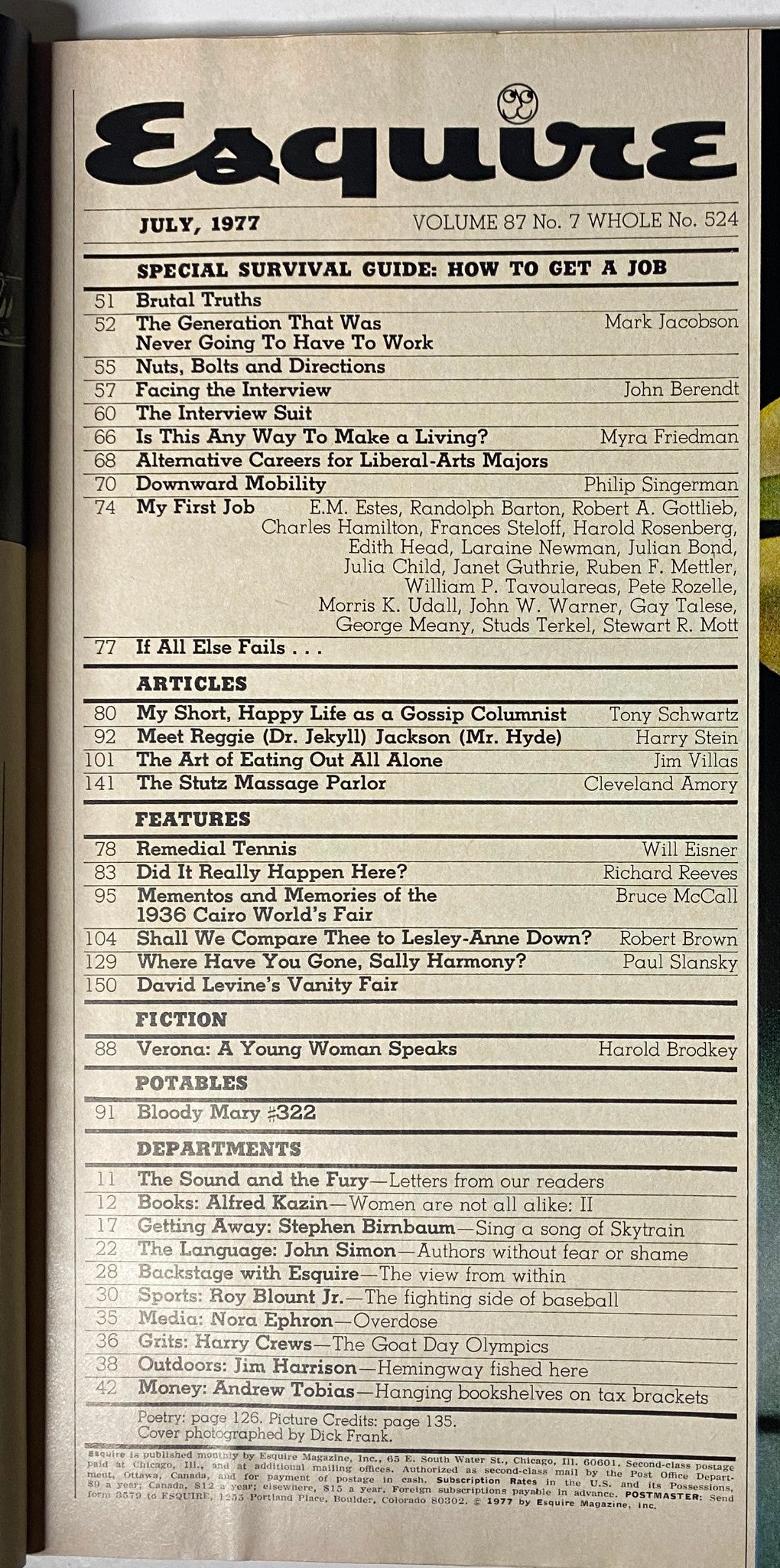 Inside pages of Esquire Magazine July 1977 displaying the table of contents for the Special Survival Guide: How To Get A Job, listing key articles on employment.